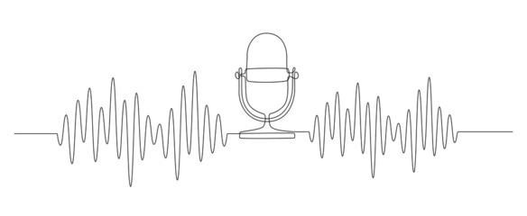 Aufkleber - Continuous one line drawing of podcast microphone and sound wave with different amplitude. Vintage mike in simple linear style for banner music, webinar, online training. Doodle vector illustration