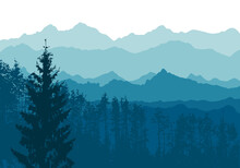 Mountains Blue Background. Spruce And Pine Mountain Forest. Vector Illustration