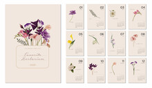 2023 Calendar Template On A Botanical Theme. Calendar Design Concept With Abstract Seasonal Flowers And Plants. Set Of 12 Months 2022 Pages. Herbarium. Vector Illustration