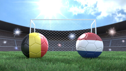 Two soccer balls in flags colors on stadium blurred background. Belgium and Netherlands. 3d image