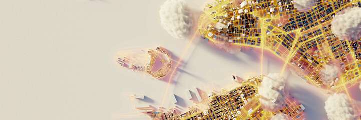 Leinwandbilder - Scattered clouds on the mega city; urban and futuristic technology concepts, original 3d rendering