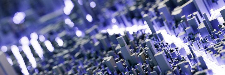 Leinwandbilder - Techno blue mega city; urban and futuristic technology concepts, original 3d rendering