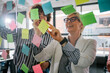 © Zamrznuti tonovi - Multiracial team at work writing ideas on sticky notes on the glass wall
