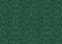 Hand-drawn Unique Abstract Symmetrical Seamless Gold Ornament On A Dark Cold Green Background. Paper Texture. Digital Artwork, A4. (pattern: P03b)