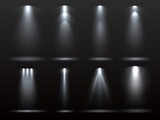 Fototapeta Do przedpokoju - Realistic flashlight rays. Different shapes luminous directional shiny beams, dispersion forms white lights, spotlight vertical effect, theater scene or concert club decor element vector set