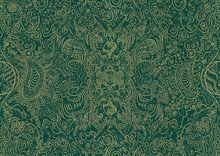 Hand-drawn Unique Abstract Symmetrical Seamless Gold Ornament And Splatters Of Golden Glitter On A Dark Cold Green Background. Paper Texture. Digital Artwork, A4. (pattern: P04a)