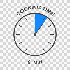 Cooking time icon. Clock face with 6 minute time interval. Simple timer symbol. Infographic element for food preparation instructions isolated on transparent background. Vector flat illustration