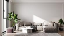 Scandinavian Style Living Room Interior Mock Up, Modern Living Room Interior Background, Beige Sofa And Plant, 3d Rendering