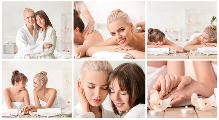 Wall Mural - Collage with young lesbian couple relaxing in spa salon