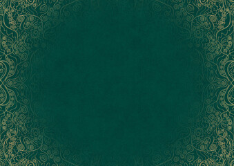 Dark cold green textured paper with vignette of golden hand-drawn pattern. Copy space. Digital artwork, A4. (pattern: p06a)
