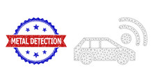 Net Mesh Car Radar Polygonal Frame Icon, And Bicolor Grunge Metal Detection Seal Stamp. Red Badge Has Metal Detection Caption Inside Ribbon And Blue Rosette.