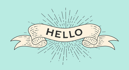 Canvas Print - hello. old school vintage ribbon, retro greeting card with ribbon, text hello. old ribbon banner hel