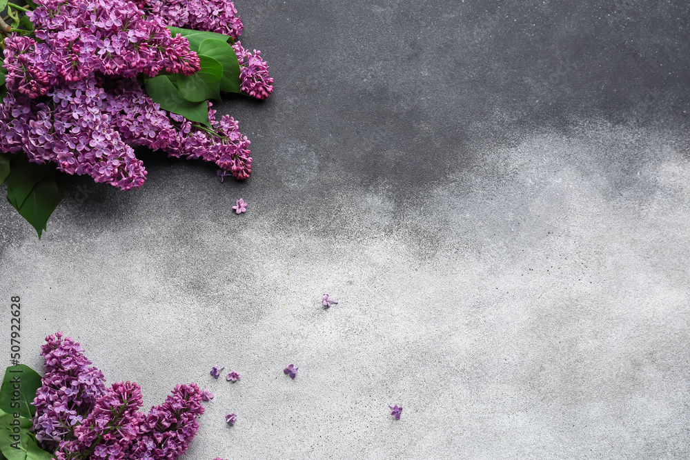 Purple lilac flowers on black and white background