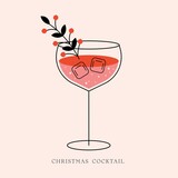Fototapeta Sypialnia - Christmas and new year cocktail illustration. Icon of wineglass. festive glass of alcohol. branch of berries and ice. fresh drink. 