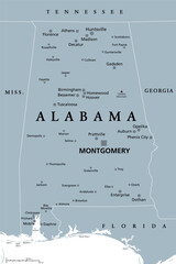 Alabama, AL, gray political map, with capital Montgomery, large and important cities. State in the Southeastern region of United States, nicknamed Yellowhammer State, Heart of Dixie, and Cotton State.