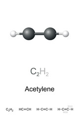 Wall Mural - acetylene, ethyne, ball-and-stick model, molecular and chemical formula. c2h2, hydrocarbon and simpl