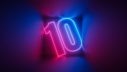 3d render, pink blue neon number ten, digital symbol inside square box glowing in ultraviolet light