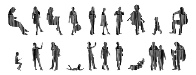 Vector silhouettes, Outline silhouettes of people, Contour drawing, people silhouette, Icon Set Isolated, Silhouette of sitting people, Architectural set	
