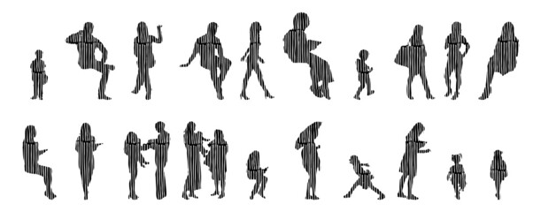 Vector silhouettes, Outline silhouettes of people, Contour drawing, people silhouette, Icon Set Isolated, Silhouette of sitting people, Architectural set	
