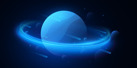Wall Mural - futuristic deep space background. falling meteorite. abstract planet saturn with light effects. mode