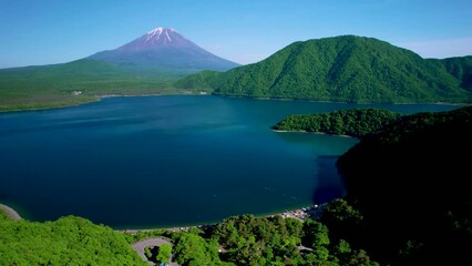 Canvas Print - 新緑の本栖湖と富士山空撮