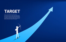 Businessman In Suit Shoot The Arrow To Target On Graph Step . Business Concept Of Marketing Target And Customer.