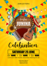 Festa Junina Poster With Brazilian Elements, Colorful Lanterns And Pennants. Brazilian June Festival Background
