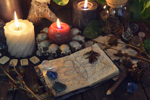 Wicca, Esoteric And Occult Still Life With Vintage Magic Objects And Candles On Witch Table Altar For Mystic Rituals And Fortune Telling. Halloween And Gothic Concept