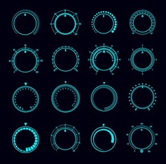 Aufkleber - HUD dial interface, volume round knob switches, music sound control regulators, vector. Neon volume level buttons for music player app or sound aux tuner, min and max switch knobs for UI