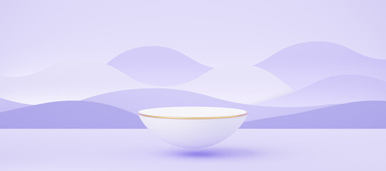 Wall Mural - Empty white half sphere podium with gold border floating on purple wave background. Abstract pastel minimal studio geometric. Mockup space for display of product design. Paper cut style. 3d rendering.