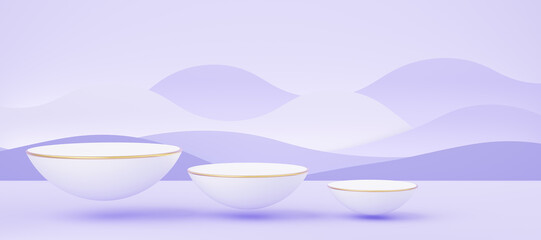 Wall Mural - 3 Empty white half sphere podium with gold border floating on purple wave background. Abstract pastel minimal studio geometric. Mockup space for display product design. Paper cut style. 3d rendering.