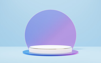 Wall Mural - Empty white marble cylinder podium with gold border on glass arch circle background. Abstract minimal studio 3d geometric shape object. Mockup space for display of product design. 3d rendering.