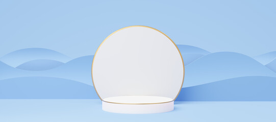 Wall Mural - Empty white cylinder podium with gold border on blue wave background. Abstract pastel minimal studio 3d geometric shape. Mockup space for display of product design. Paper cut style. 3d rendering.
