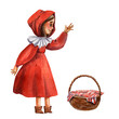 Little Red Riding Hood. Watercolor illustration. Fantasy girl character. Little funny girl. Red cap and red skirt. Standing and smiling character. Hand drawn illustration.