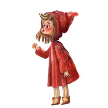 Little Red Riding Hood. Watercolor Illustration. Fantasy Girl Character. Little Funny Girl. Red Cap And Red Skirt. Standing And Smiling Character. Hand Drawn Illustration.