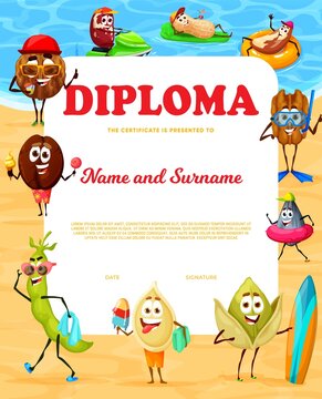 Kids diploma. Cheerful nut characters on summer vacation. Kids school diploma, competition winner award or education vector certificate with walnut, brazil nut and coffee bean, pistachio, pumpkin seed