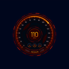 Aufkleber - Futuristic car speedometer gauge dial, vector car dashboard LED speed meter. Car speedometer with orange neon gauge for mph, fuel and engine or battery indicators, digital auto tachometer panel