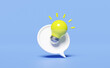 3D chat bubbles icons with yellow light bulb isolated on blue background. seo, minimal social media messages, idea tip concept, 3d render illustration