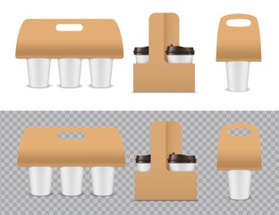 Wall Mural - Realistic coffee holder, 3d vector cups in kraft paper box. Cardboard packaging for take away hot drinks. Graphic mockup of blank brown carriers for disposable white beverage mugs with black caps