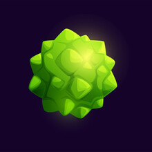 Green Galaxy Space Planet With Volcano And Crystals. Vector Bizarre Cosmic Object In Universe Or Cosmos. Game Asset, Gui Interface Element, Glow Sphere With Spiked Surface, Meteor, Comet Or Meteorite