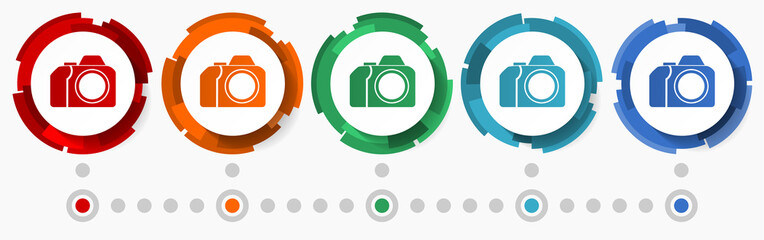 Poster - Photo camera concept vector icon set, modern design abstract web buttons in 5 color options, infographic template for webdesign and mobile apps