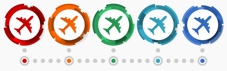 Leinwandbilder - Plane, airplane concept vector icon set,  modern design abstract web buttons in 5 color options, infographic template for webdesign and mobile apps