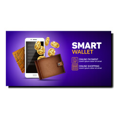 Canvas Print - Smart Wallet Creative Promotion Poster Vector. Electronic Smart Wallet Smartphone Application For Safe Money, Bank Credit Card And Purse On Advertise Banner. Style Concept Template Illustration