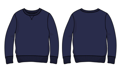 Long Sleeve Sweatshirt technical fashion flat sketch vector illustration Navy Color template front and back views. Fleece jersey sweatshirt sweater jumper for men's and boys.