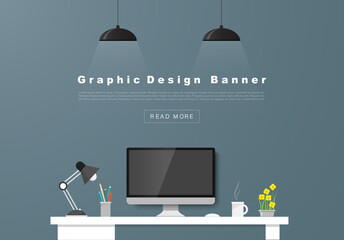 Desk with computer, documents and stationery. Workplace for the business and education. Flat design illustration for web design, flyers and presentations