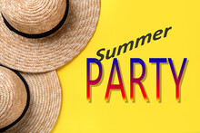 Stylish Hats On Yellow Background, Flat Lay. Summer Party