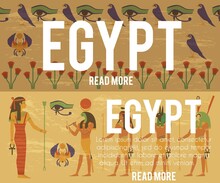 Egypt Travel Posters Or Banners Set With Ancient Gods And Goddesses, Flat Vector Illustration.