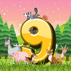 Poster - Different nine animals attached to number nine