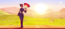 Geisha In Kimono On Background Of Rice Field Terraces At Morning. Vector Cartoon Illustration Of Japanese Girl With Red Fan On Wooden Veranda And Summer Landscape Of Asian Green Paddy Farmland