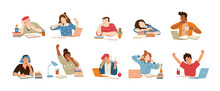 Tired People Yawn While Work Or Study At Desk With Books And Laptop. Vector Flat Illustration Of Bored And Sleepy Characters, Students Feel Tiredness, Girl Sleep On Books Stack